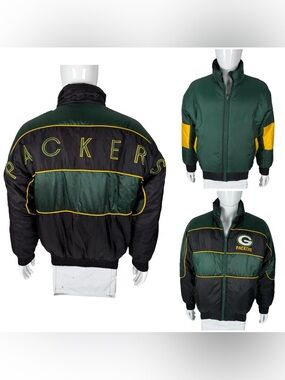 Green Bay Packers Pro Player Mens Medium Puffer Jacket Winter Reversible Vintage